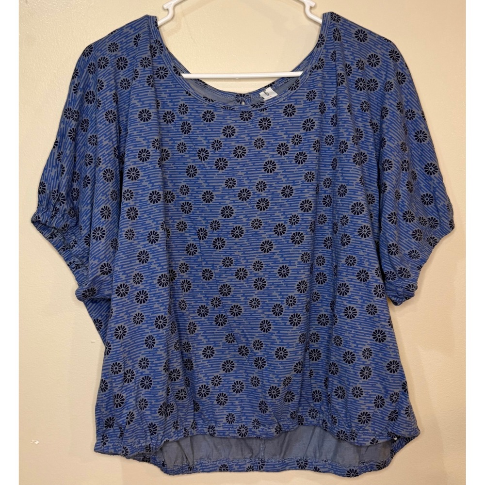 Daily Practice BY Anthropologie Blue Floral Bubble Hem Top Dolman Sleeve L‎